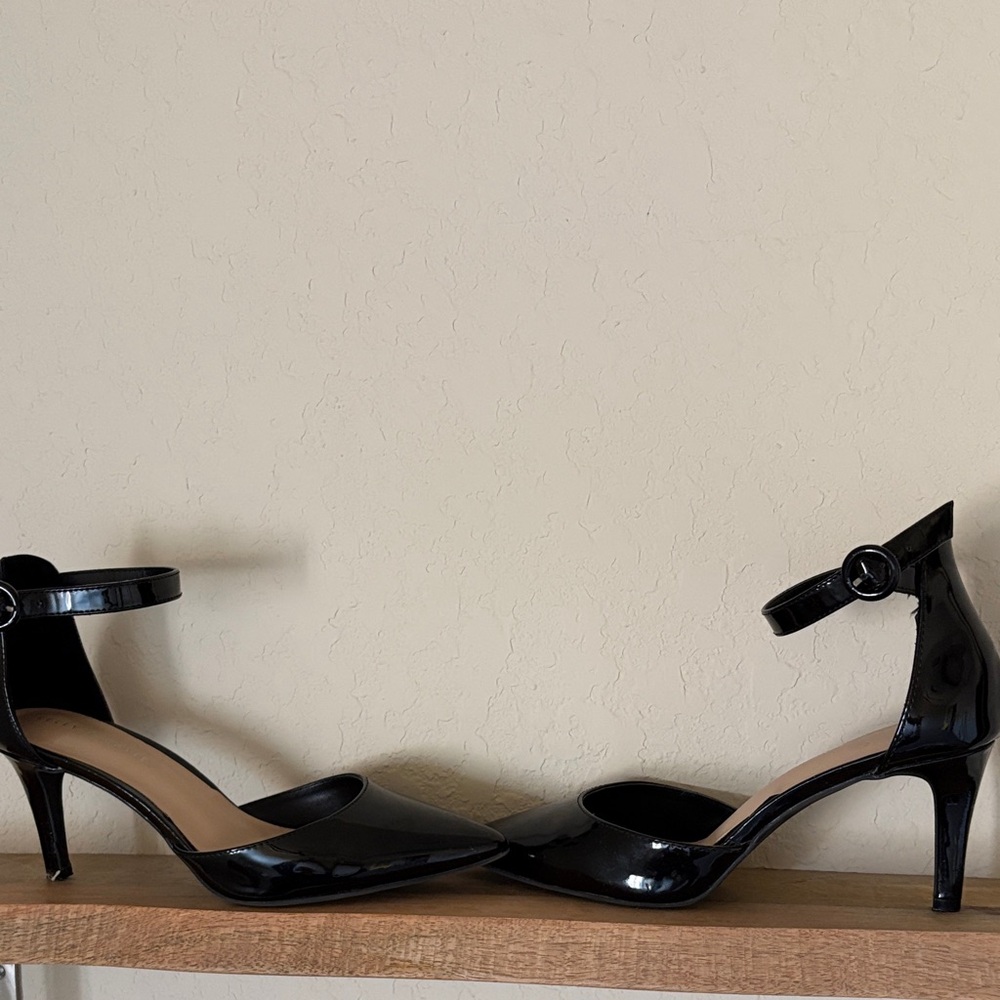 Kelly & Katie Glossy Black Ankle Strap Heels